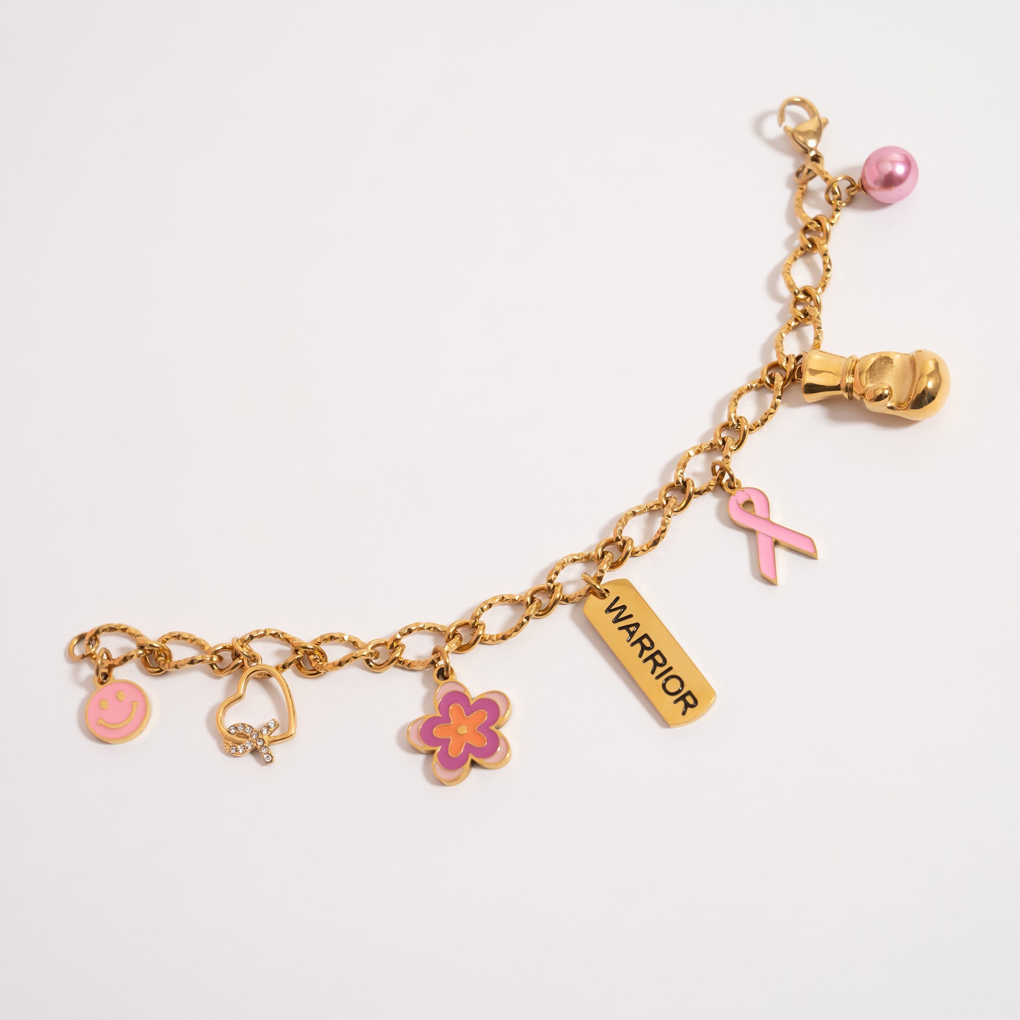 18K Gold PVD Stainless Steel Heart Ribbon with Stones Charm
