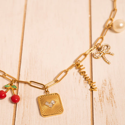 18K Gold PVD Stainless Steel Rhinestone Bow Charm