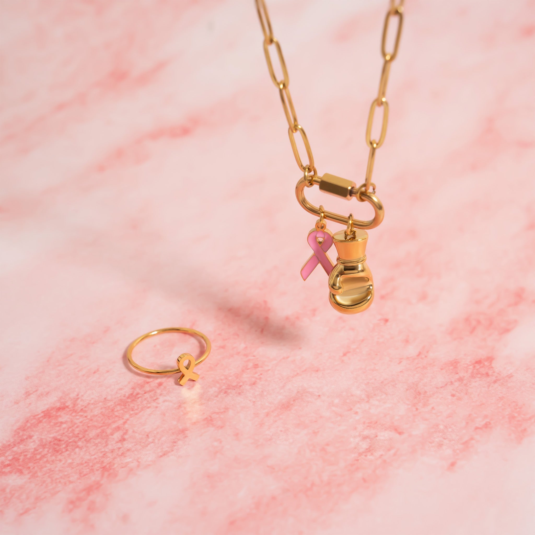 18K Gold PVD Stainless Steel Cancer Ribbon Charm