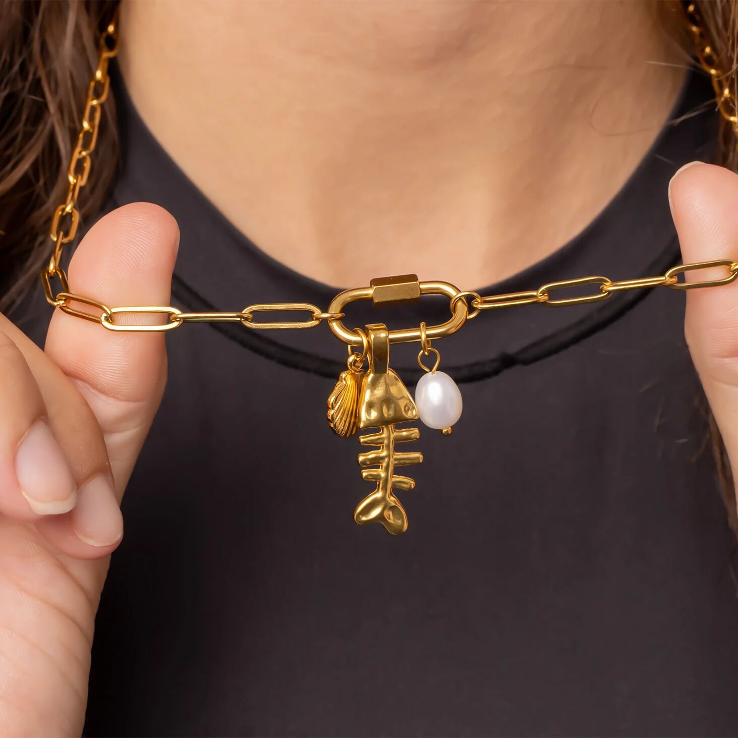 18K Gold PVD Stainless Steel Paperclip Carabiner Charm Holder Necklace