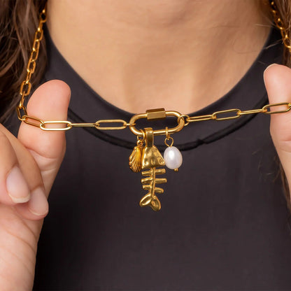 18K Gold PVD Stainless Steel Paperclip Carabiner Charm Holder Necklace