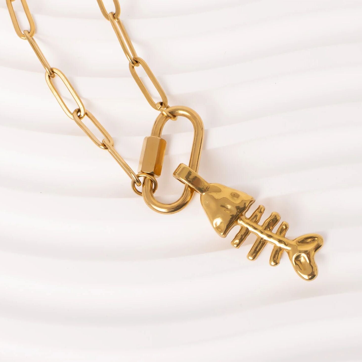 18K Gold PVD Stainless Steel Paperclip Carabiner Charm Holder Necklace