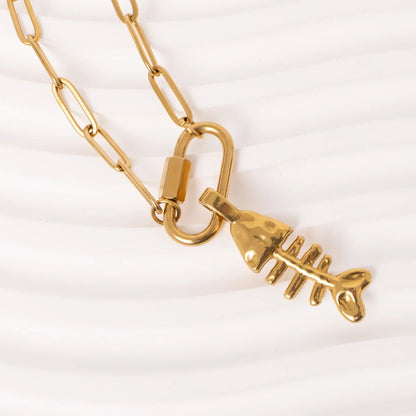 18K Gold PVD Stainless Steel Paperclip Carabiner Charm Holder Necklace