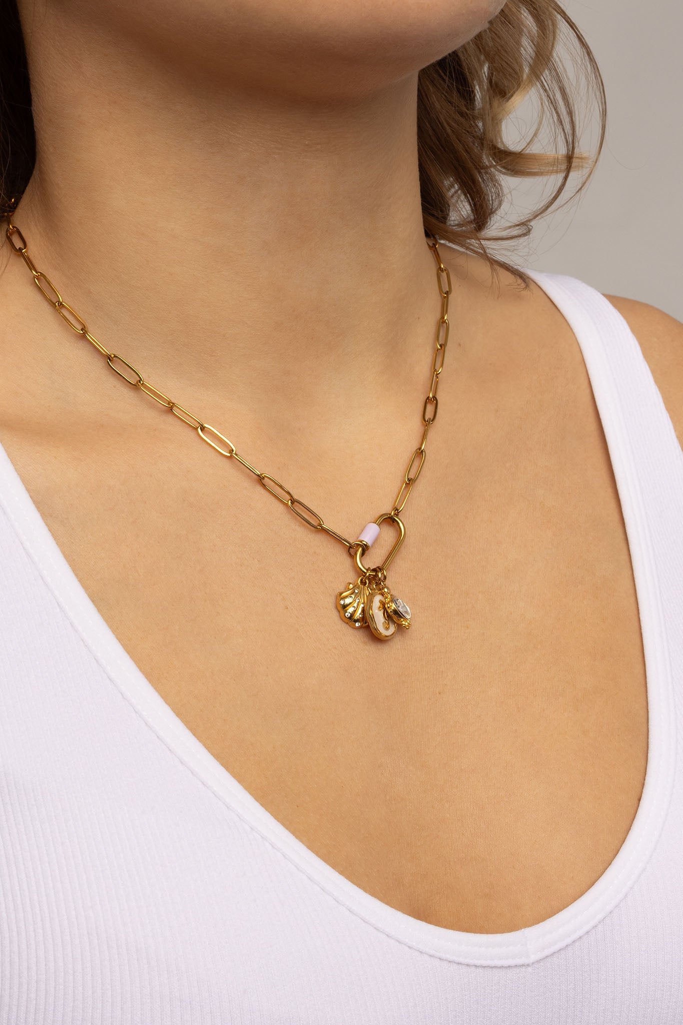 18K Gold PVD Stainless Steel Shell with Stones Charm