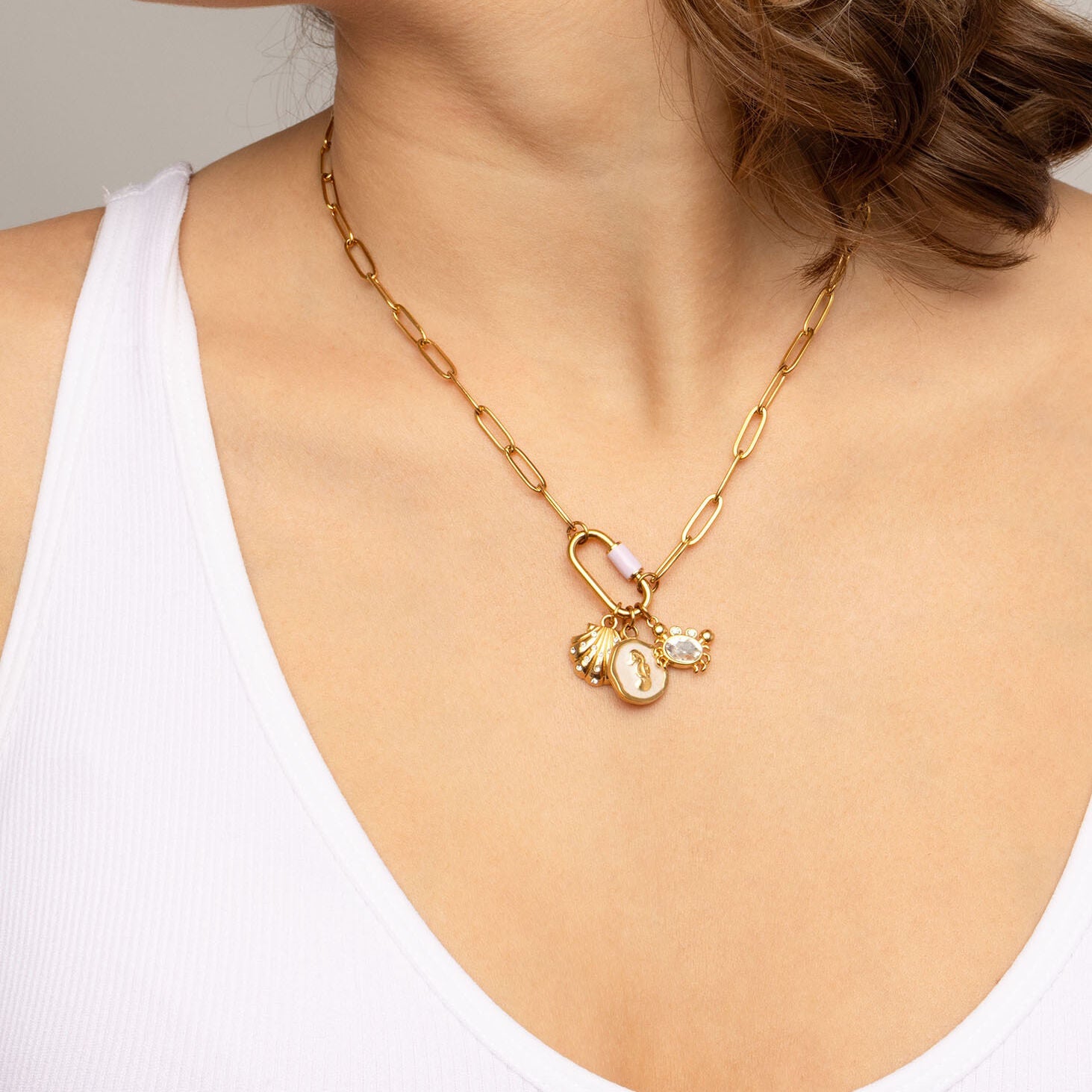 18K Gold PVD Stainless Steel Shell with Stones Charm