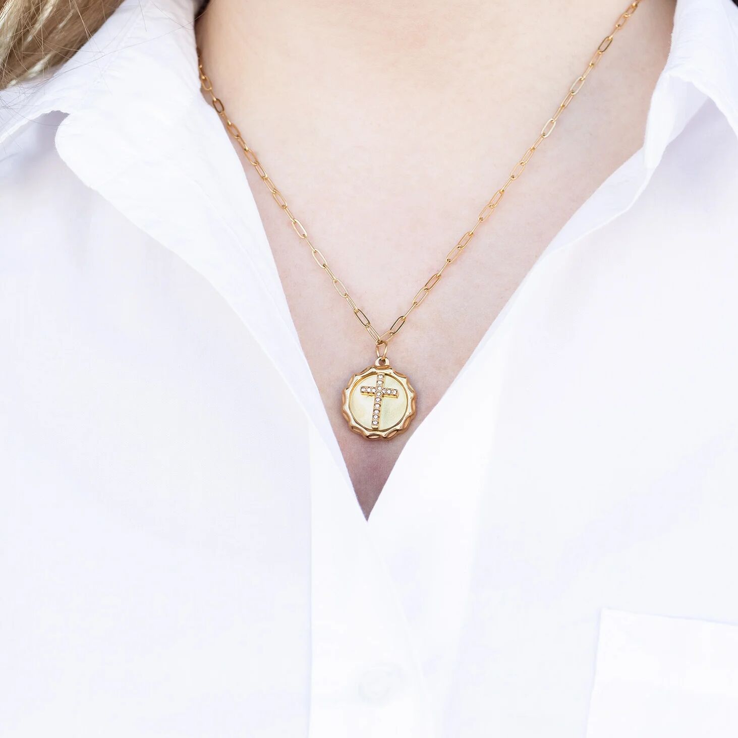 18K Gold PVD Stainless Steel Stone Cross Pendant