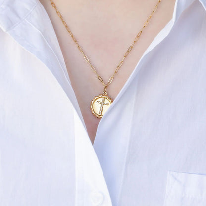 18K Gold PVD Stainless Steel Stone Cross Pendant
