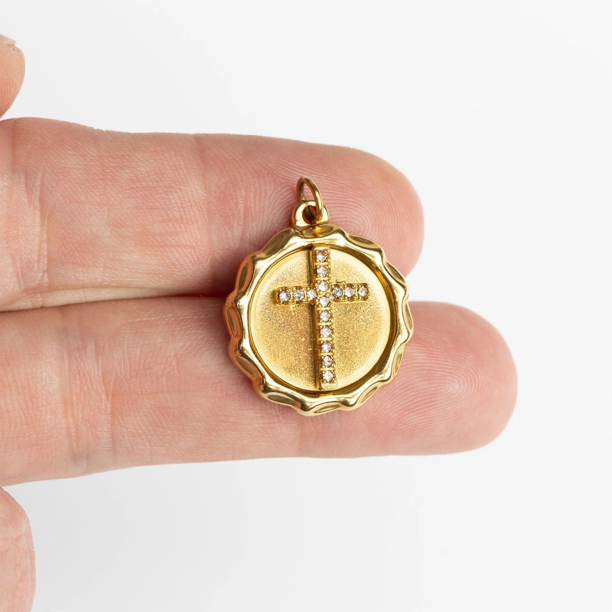 18K Gold PVD Stainless Steel Stone Cross Pendant