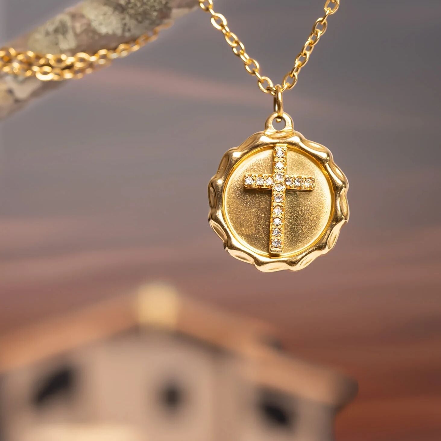 18K Gold PVD Stainless Steel Stone Cross Pendant