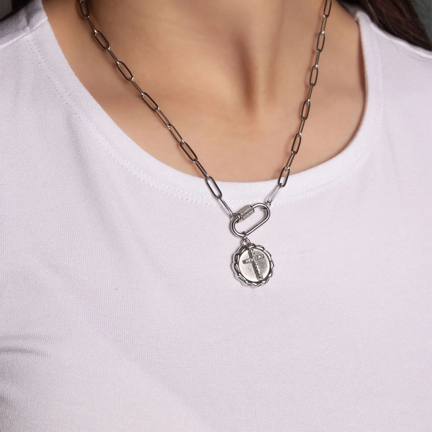 18K Gold PVD Stainless Steel Stone Cross Pendant