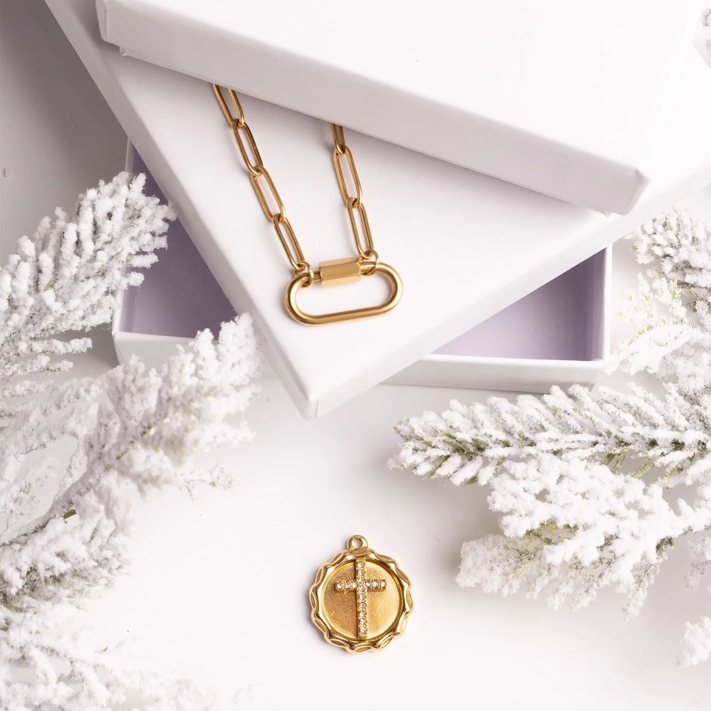 18K Gold PVD Stainless Steel Stone Cross Pendant