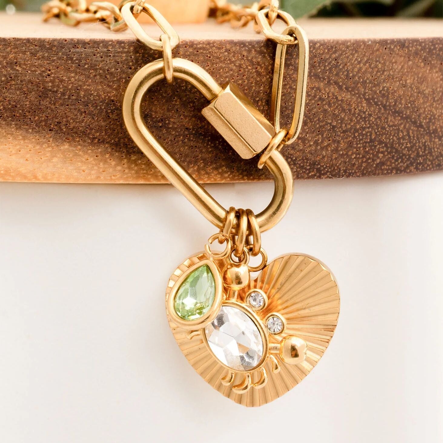 18K Gold PVD Stainless Steel Sunburst Heart Charm