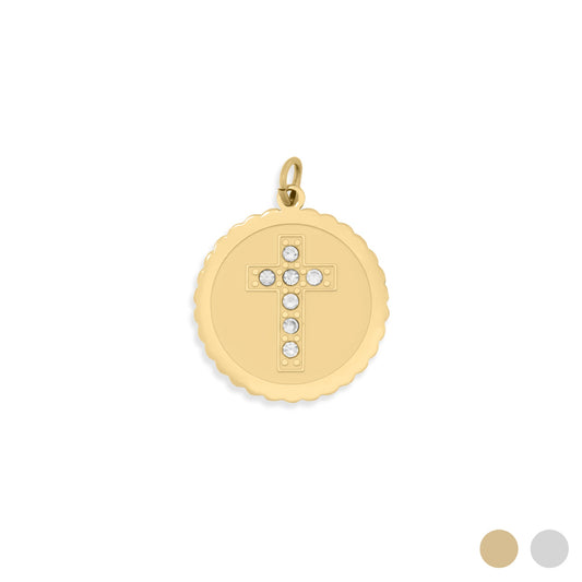 18K Gold PVD Stainless Steel Stone Cross Circle Charm