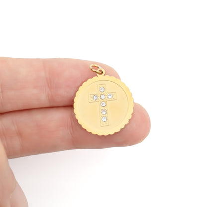 18K Gold PVD Stainless Steel Stone Cross Circle Charm