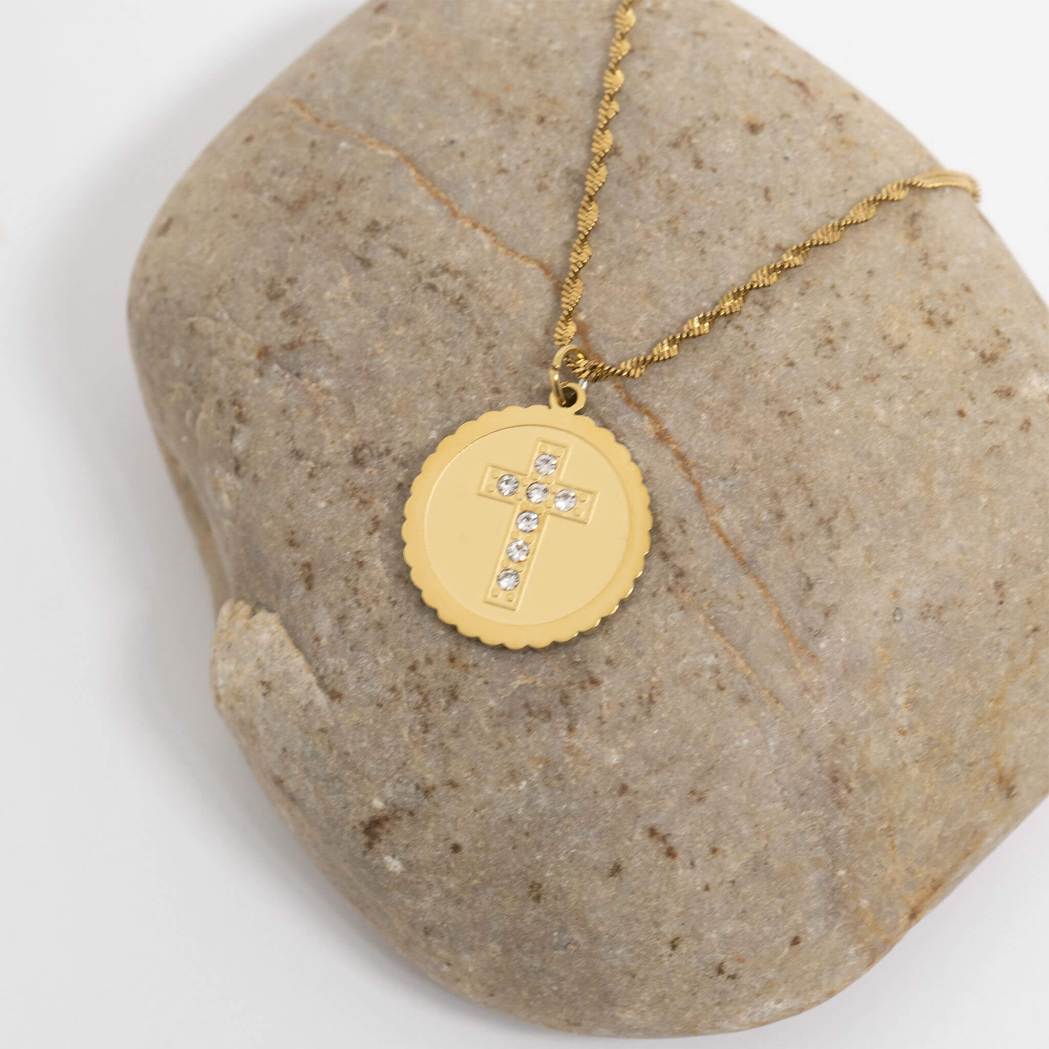 18K Gold PVD Stainless Steel Stone Cross Circle Charm