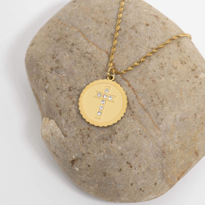 18K Gold PVD Stainless Steel Stone Cross Circle Charm