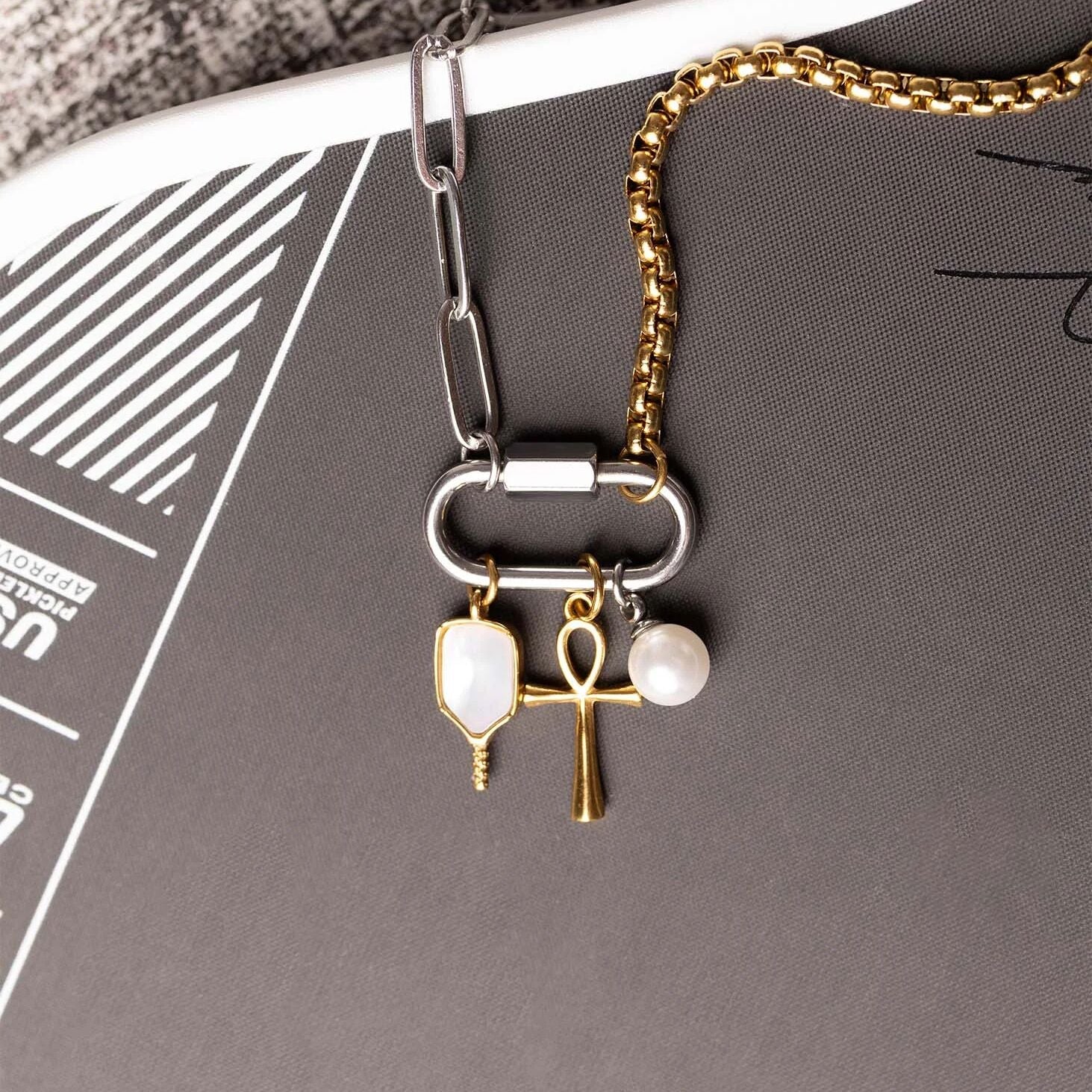 18K Gold PVD Stainless Steel Mother Of Pearl Pickleball Charm