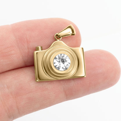 18K Gold PVD Stainless Steel Camera Charm CZ Stone Lens