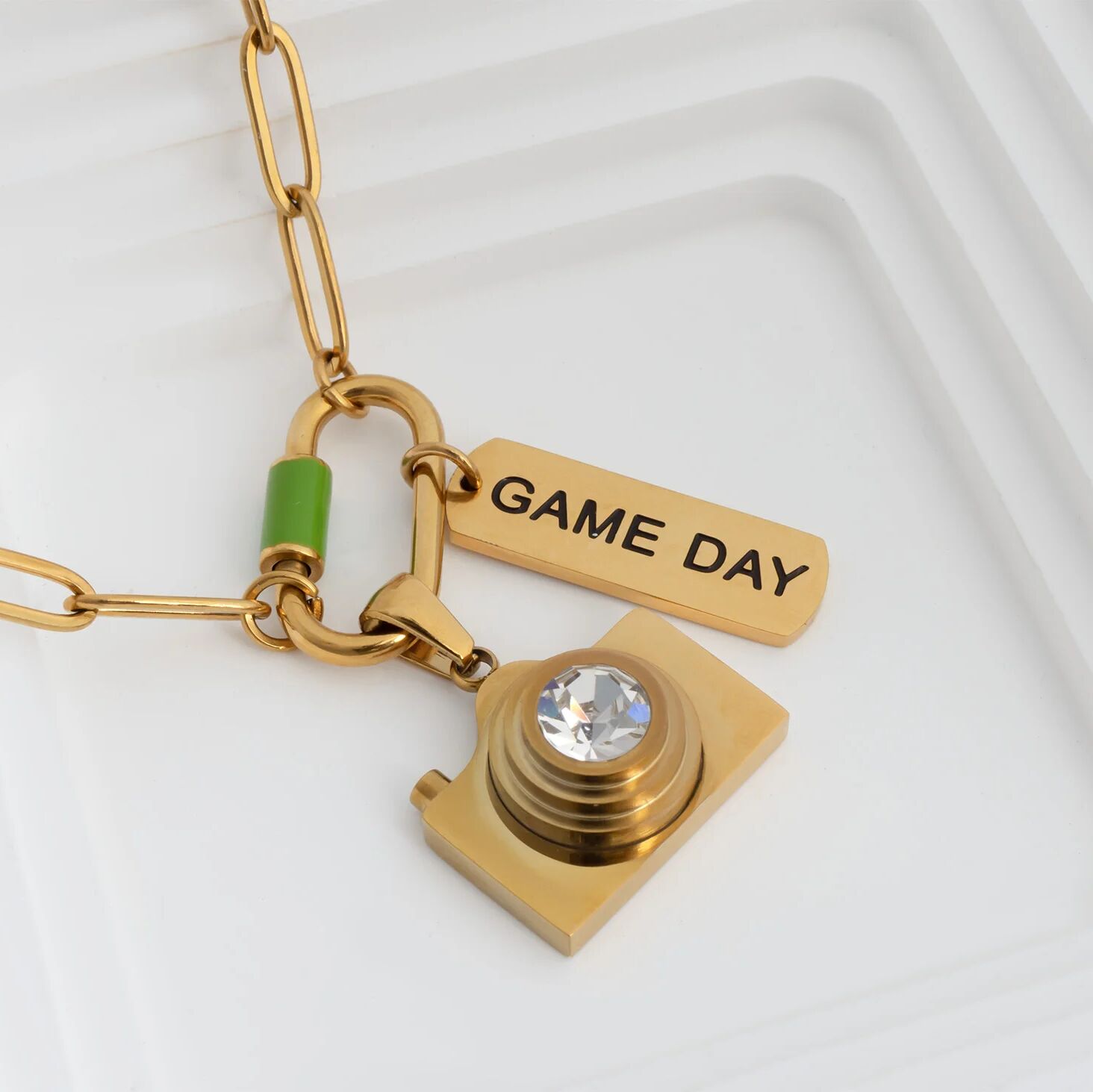 18K Gold PVD Stainless Steel Camera Charm CZ Stone Lens