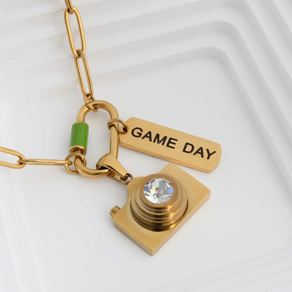 18K Gold PVD Stainless Steel Camera Charm CZ Stone Lens