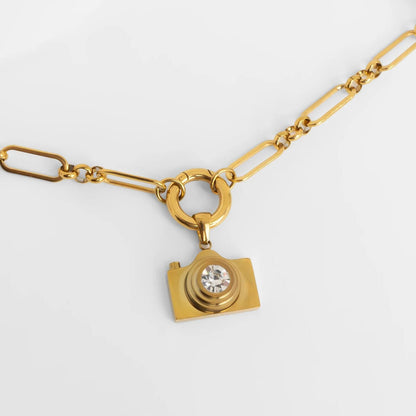 18K Gold PVD Stainless Steel Camera Charm CZ Stone Lens