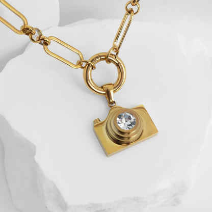 18K Gold PVD Stainless Steel Camera Charm CZ Stone Lens
