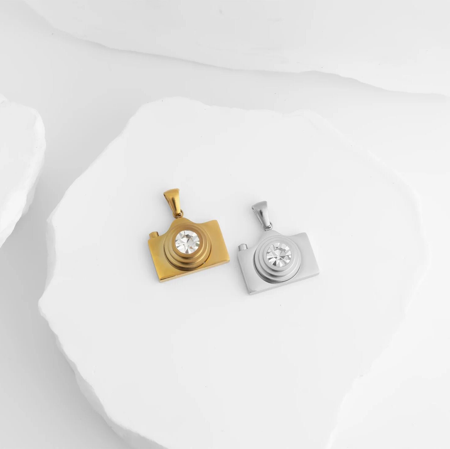 18K Gold PVD Stainless Steel Camera Charm CZ Stone Lens
