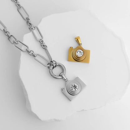 18K Gold PVD Stainless Steel Camera Charm CZ Stone Lens