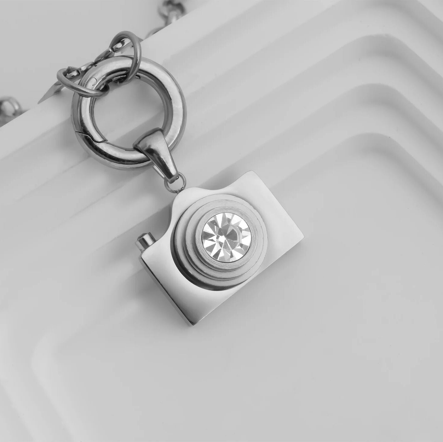 18K Gold PVD Stainless Steel Camera Charm CZ Stone Lens