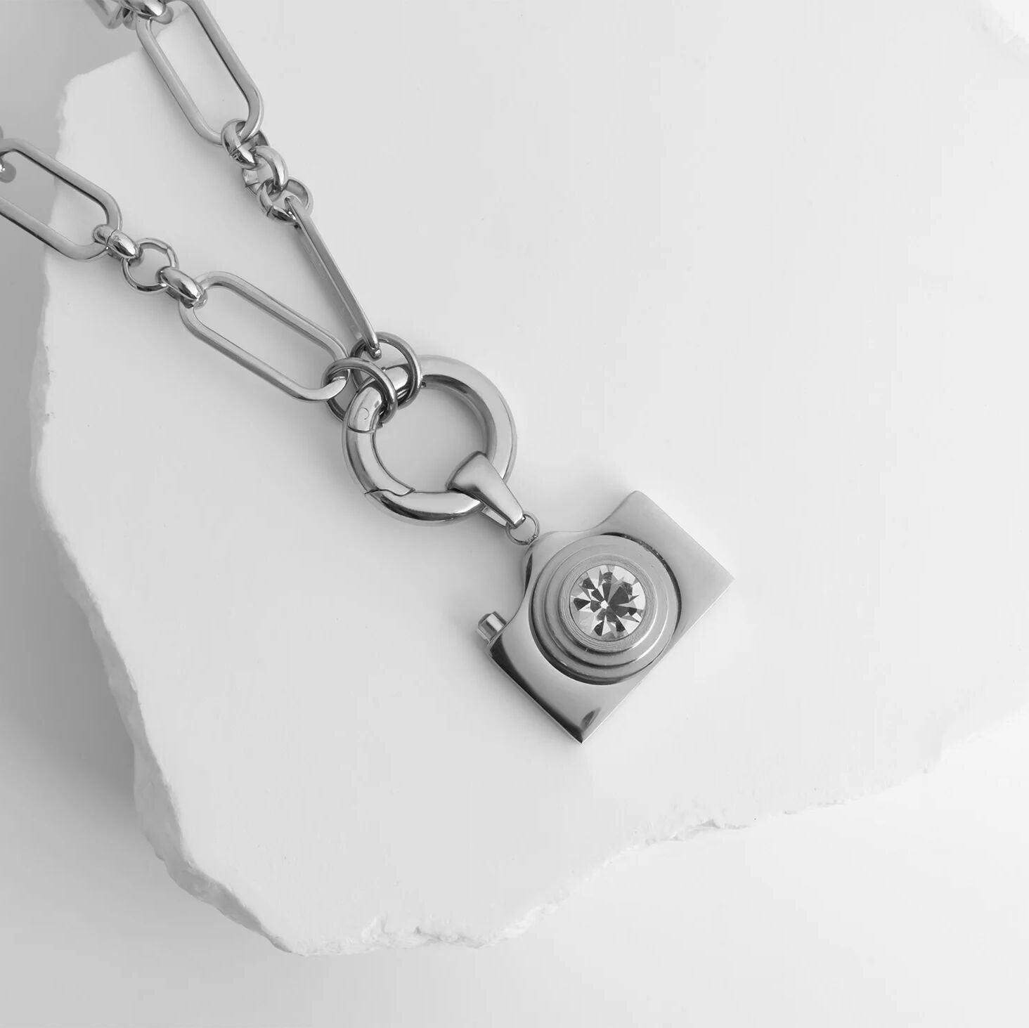 18K Gold PVD Stainless Steel Camera Charm CZ Stone Lens