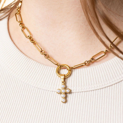 18K Gold PVD Stainless Steel Pearl Cross Charm