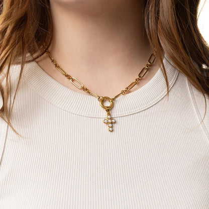 18K Gold PVD Stainless Steel Pearl Cross Charm
