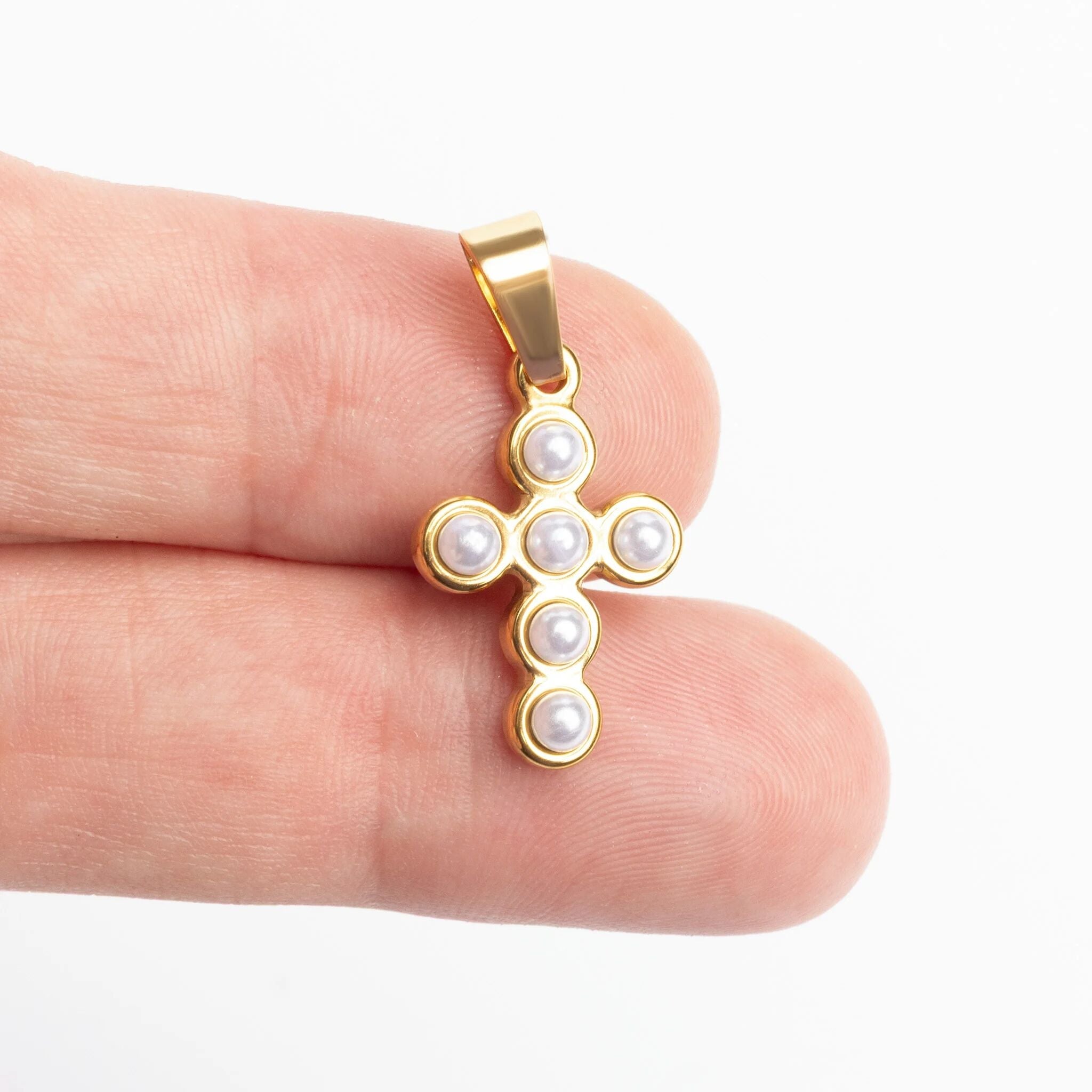 18K Gold PVD Stainless Steel Pearl Cross Charm