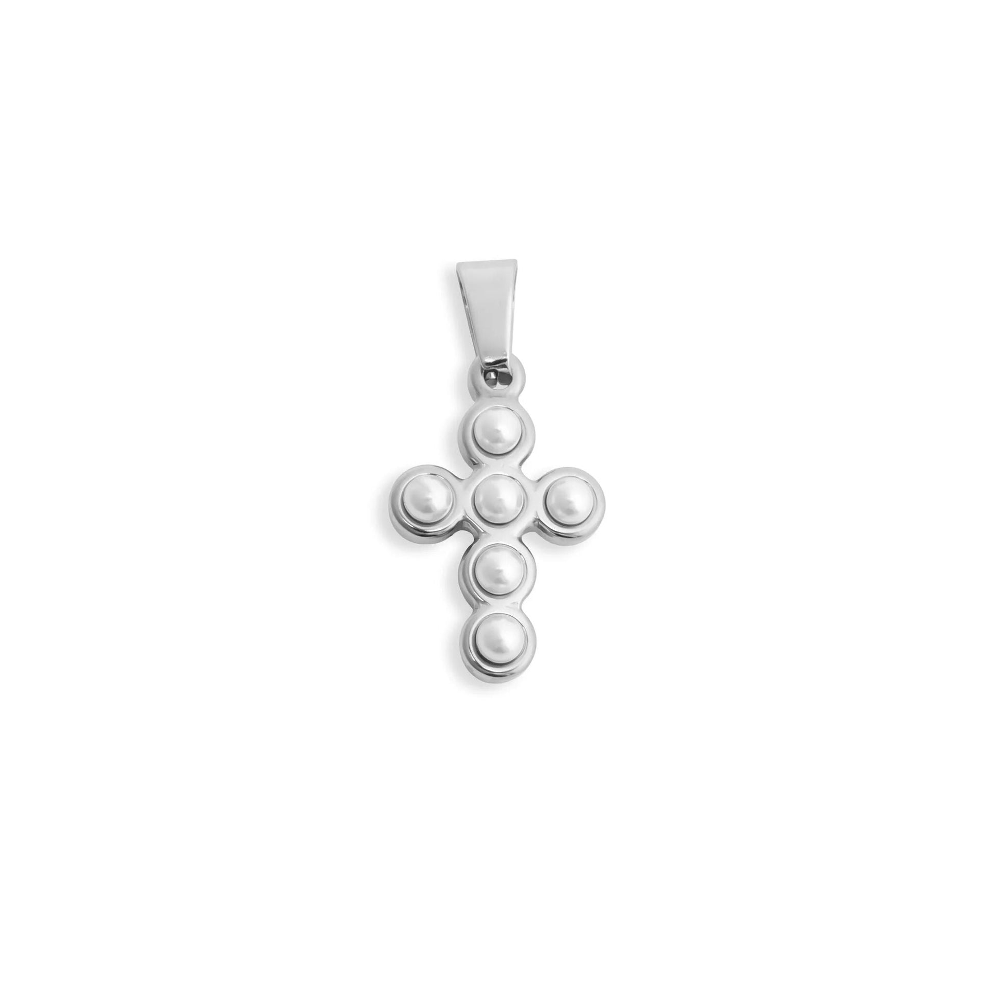 Silver cross pendant with pearls on a white background