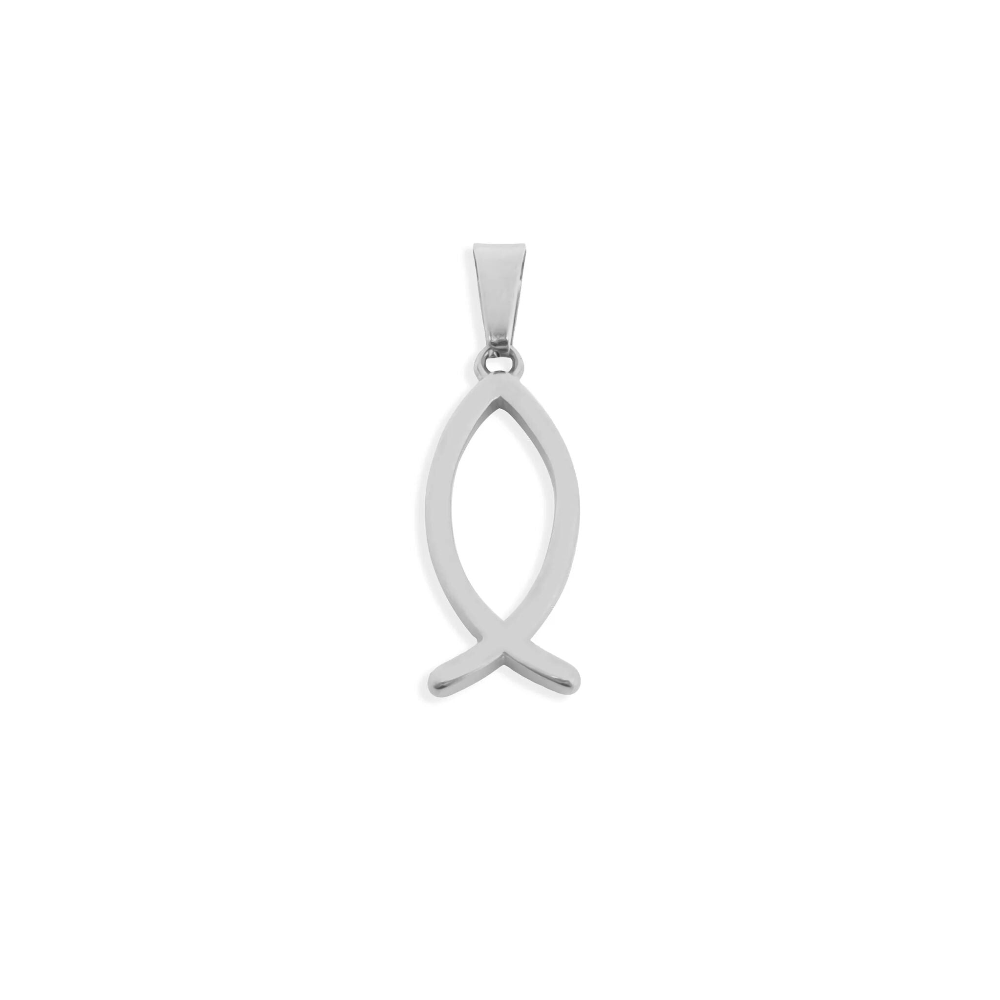 Silver fish-shaped pendant on a white background