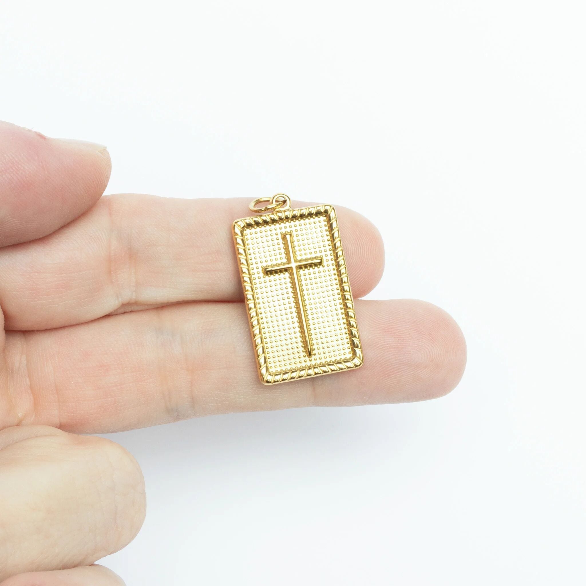 18K Gold PVD Stainless Steel Square Pendant with Cross