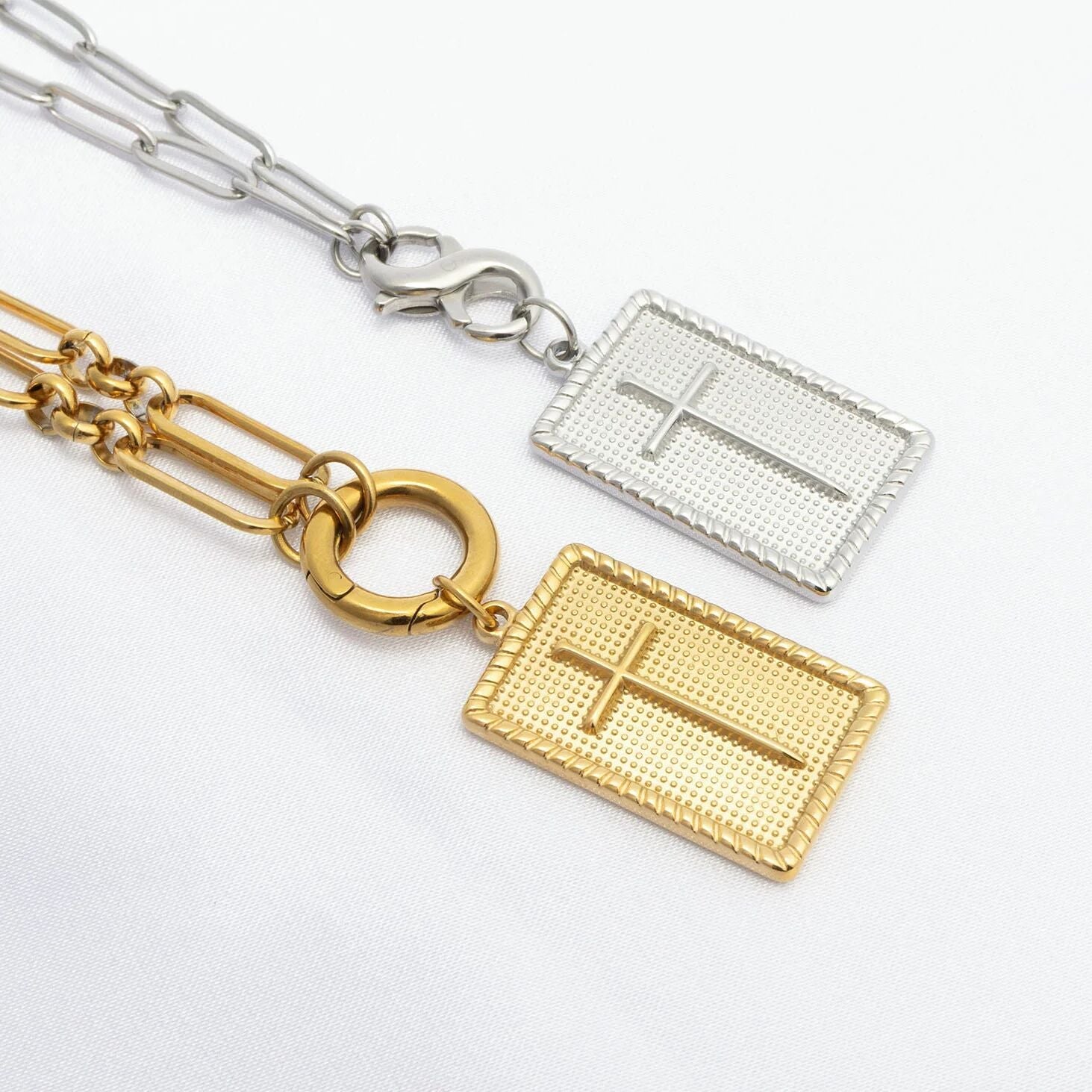 18K Gold PVD Stainless Steel Square Pendant with Cross