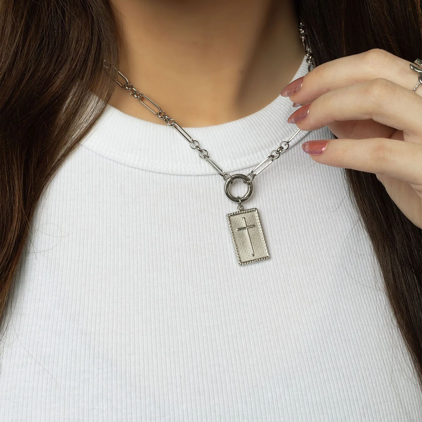 18K Gold PVD Stainless Steel Square Pendant with Cross