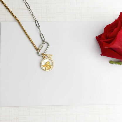 18K Gold PVD Stainless Steel Round MOP Angel Pendant with CZ Stones