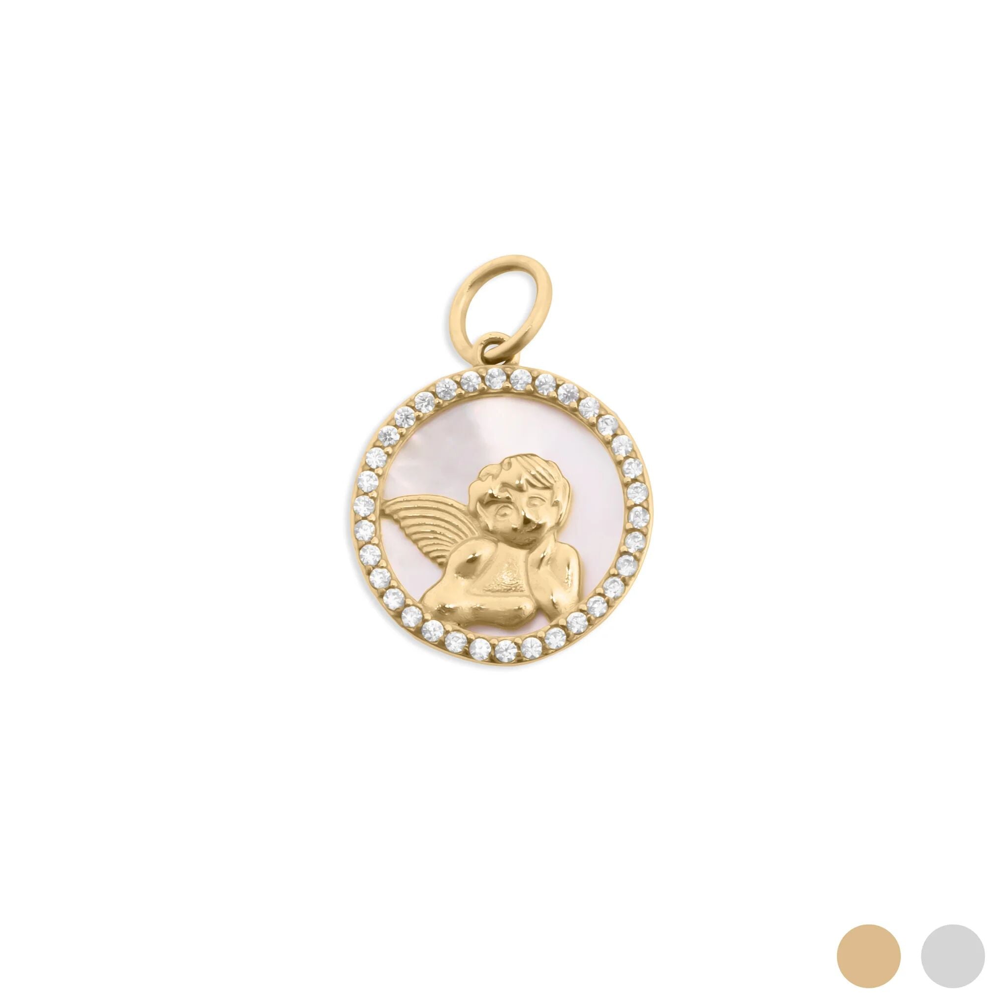 Gold pendant with an angelic figure and pearl-like stones on a white background