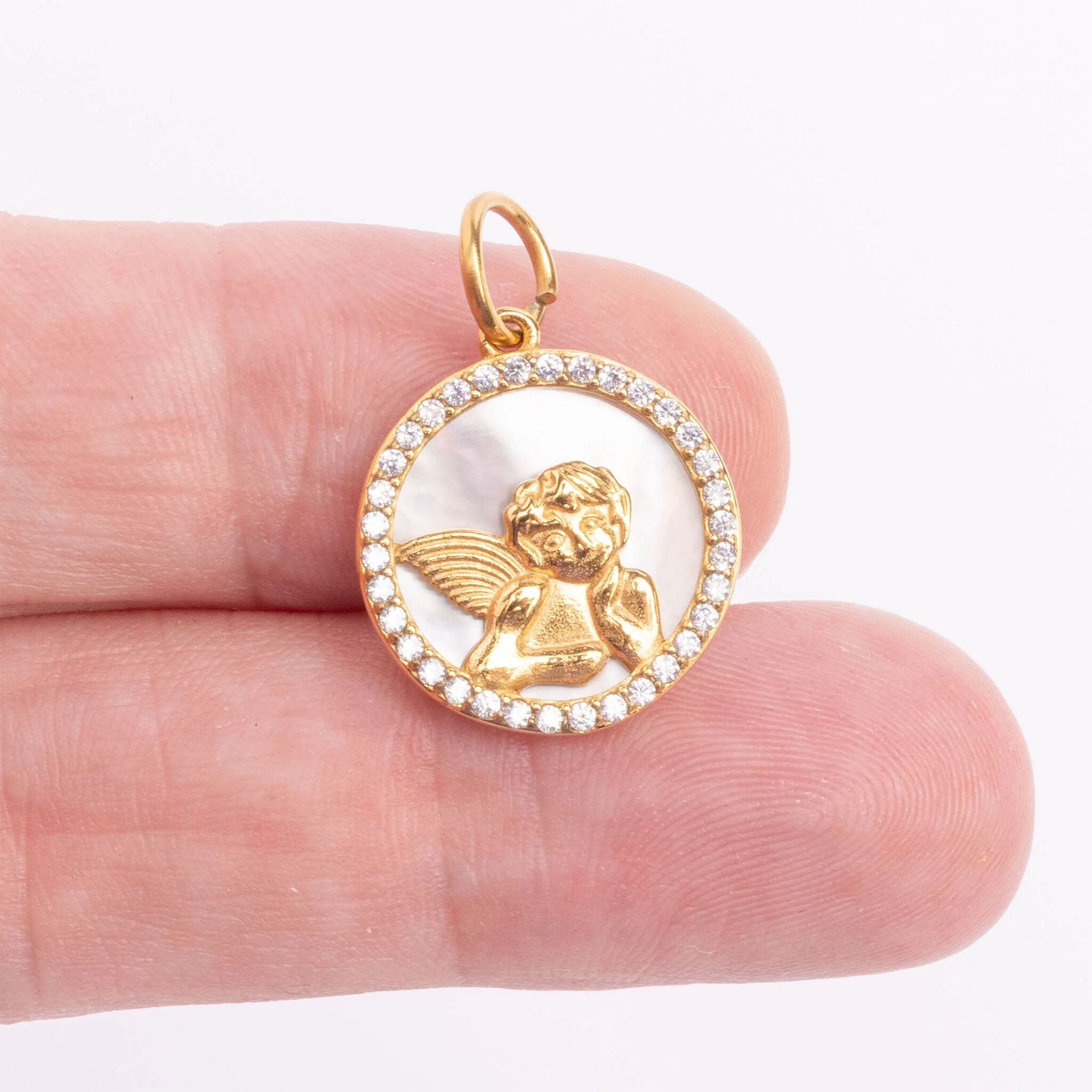 18K Gold PVD Stainless Steel Round MOP Angel Pendant with CZ Stones