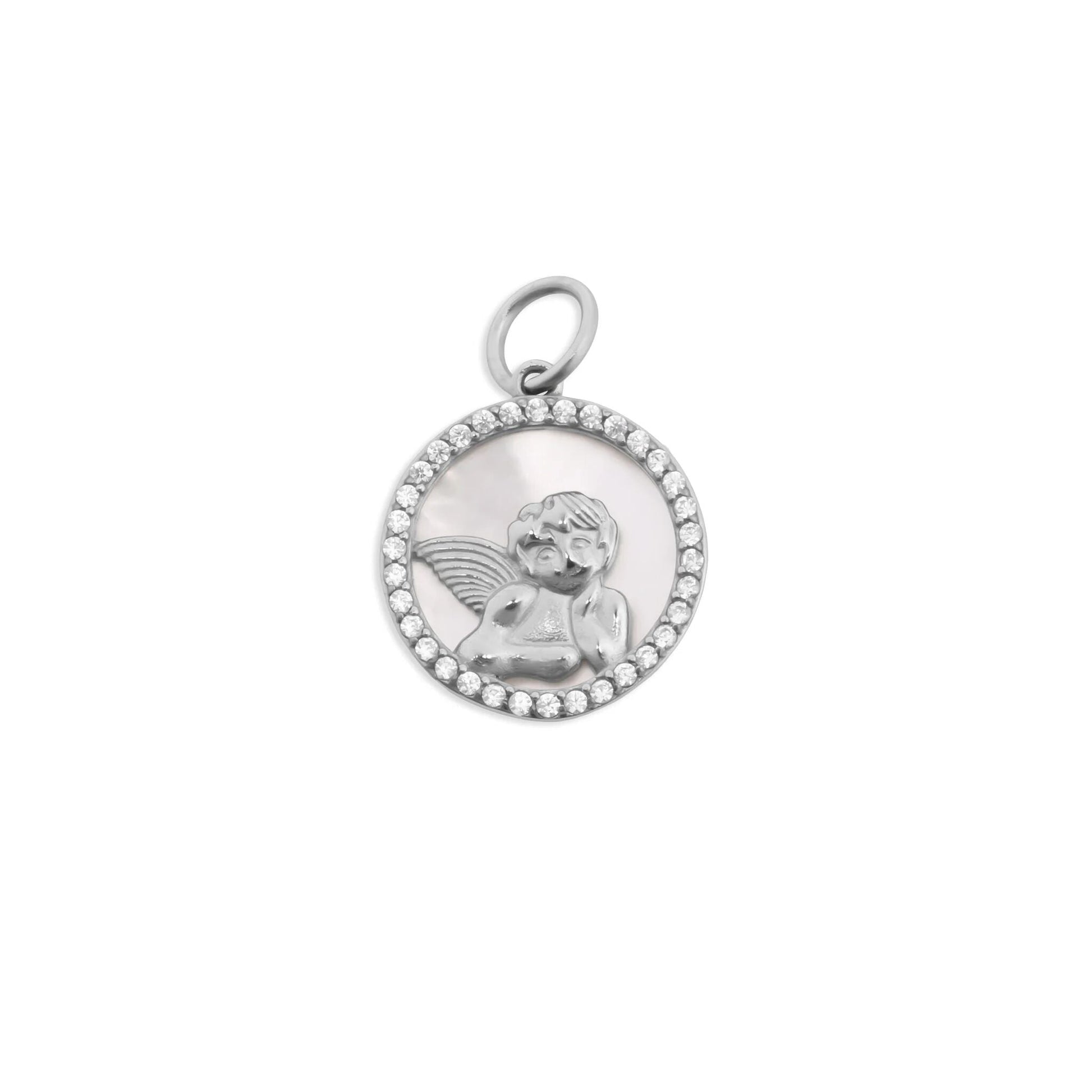 Silver pendant with angel design on a white background