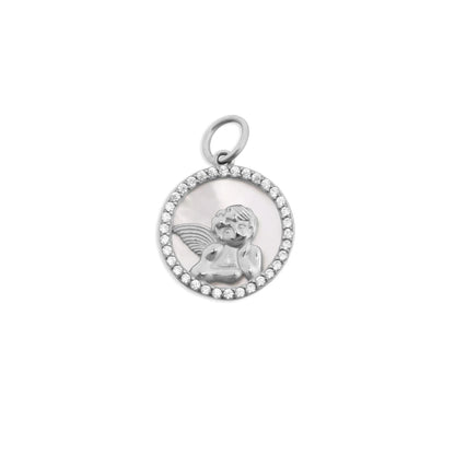 Silver pendant with angel design on a white background