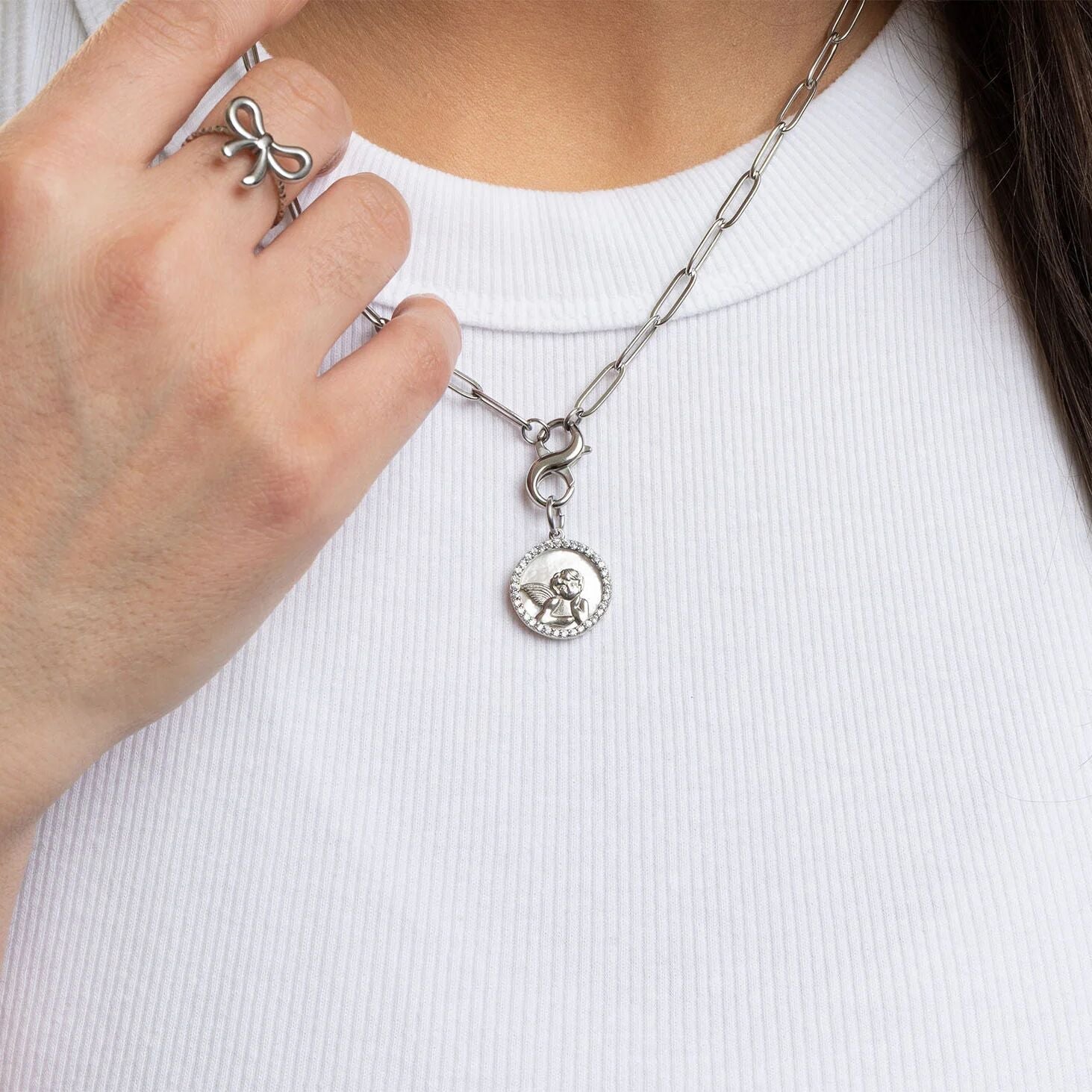 18K Gold PVD Stainless Steel Round MOP Angel Pendant with CZ Stones