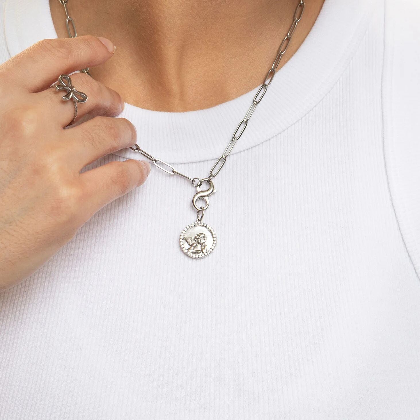 18K Gold PVD Stainless Steel Round MOP Angel Pendant with CZ Stones