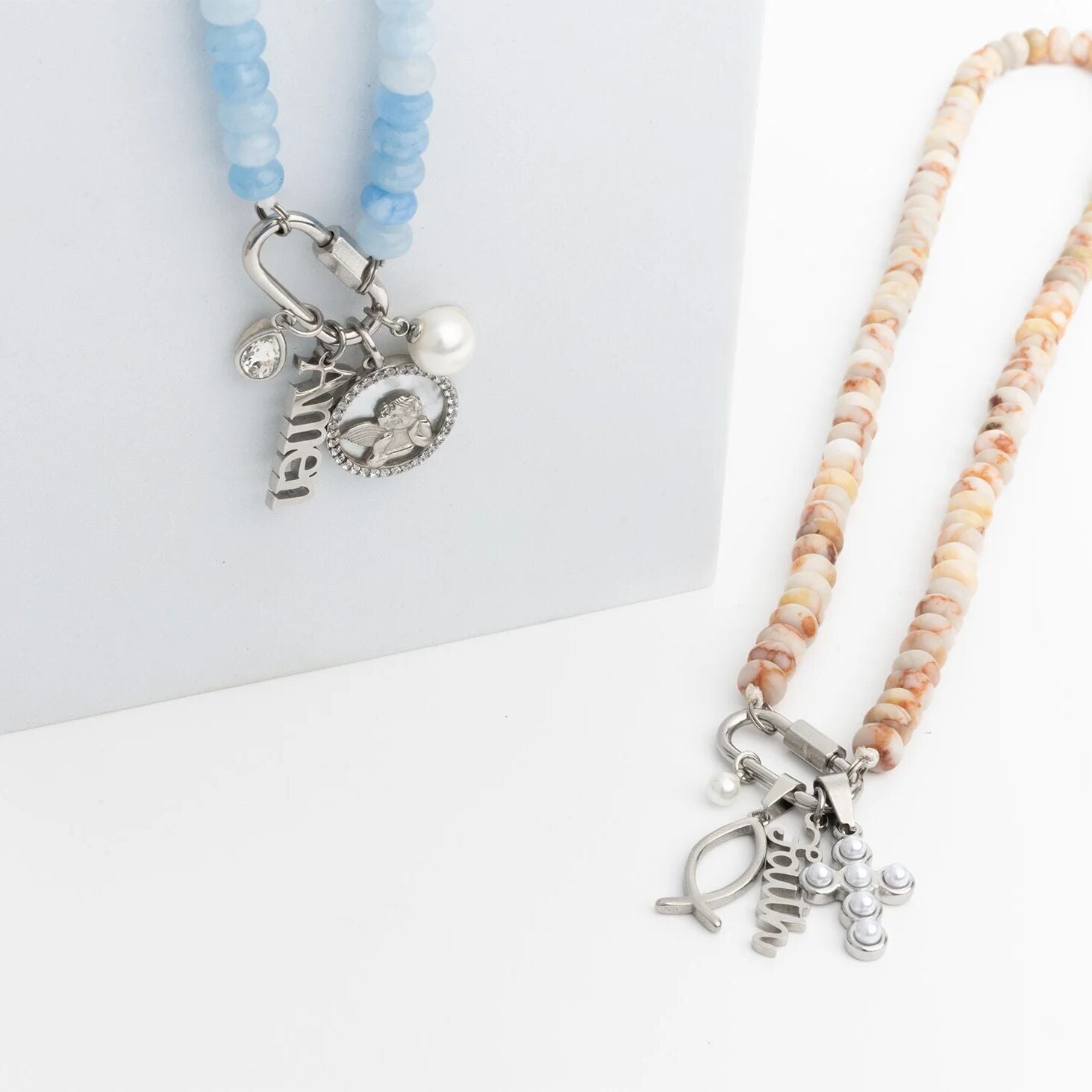 18K Gold PVD Stainless Steel Round MOP Angel Pendant with CZ Stones