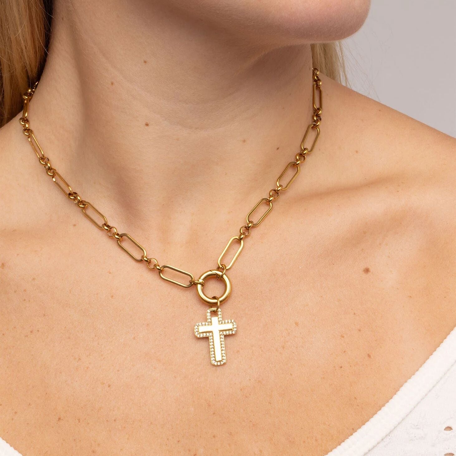 18K Gold PVD Stainless Steel Cross Charm with CZ Stone Boarder