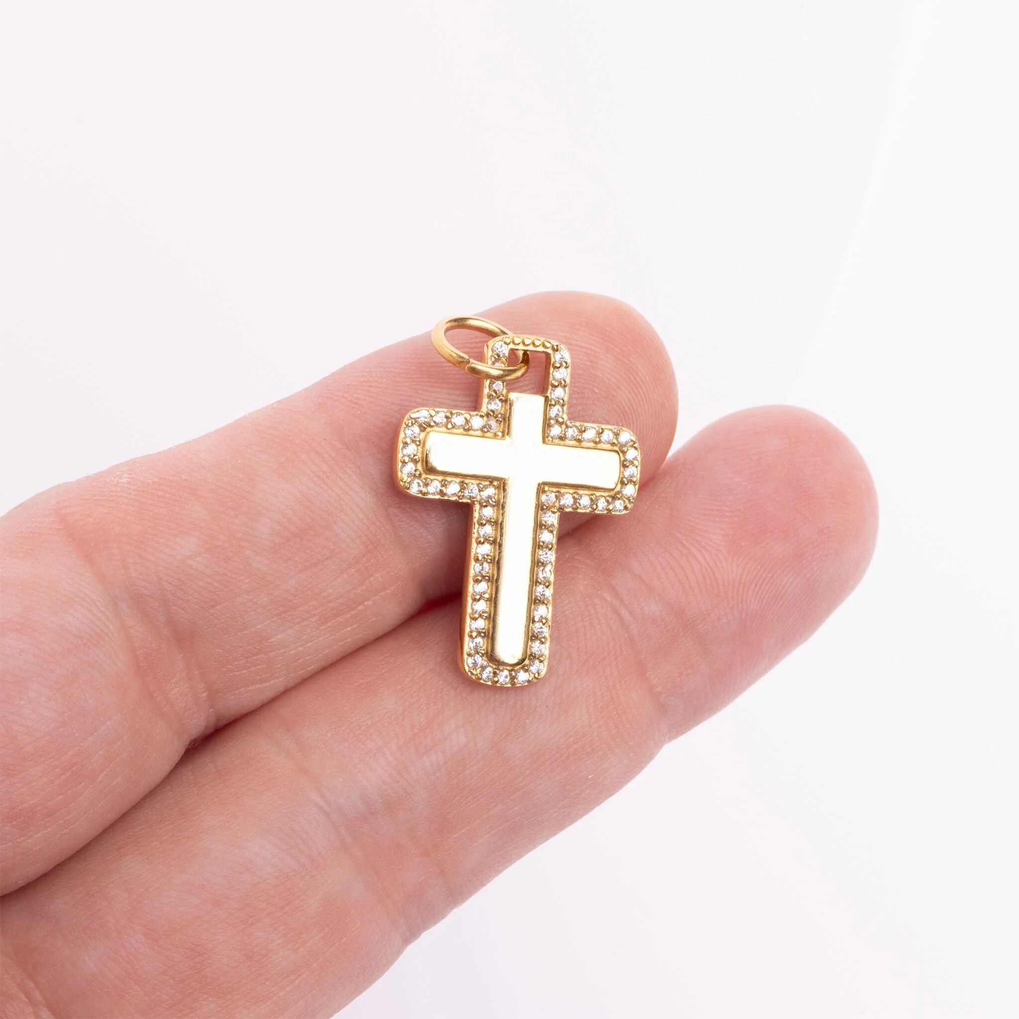 18K Gold PVD Stainless Steel Cross Charm with CZ Stone Boarder