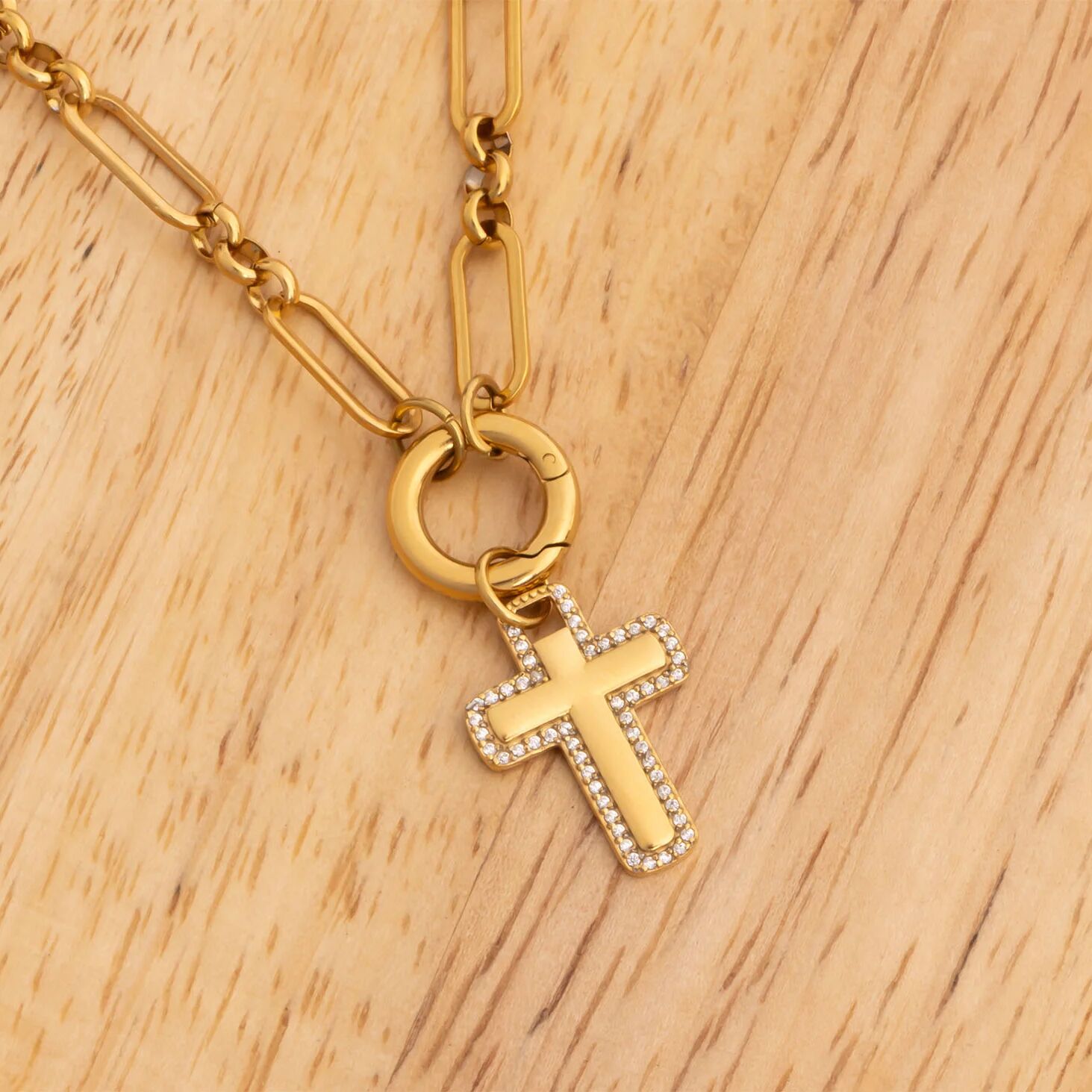 18K Gold PVD Stainless Steel Cross Charm with CZ Stone Boarder