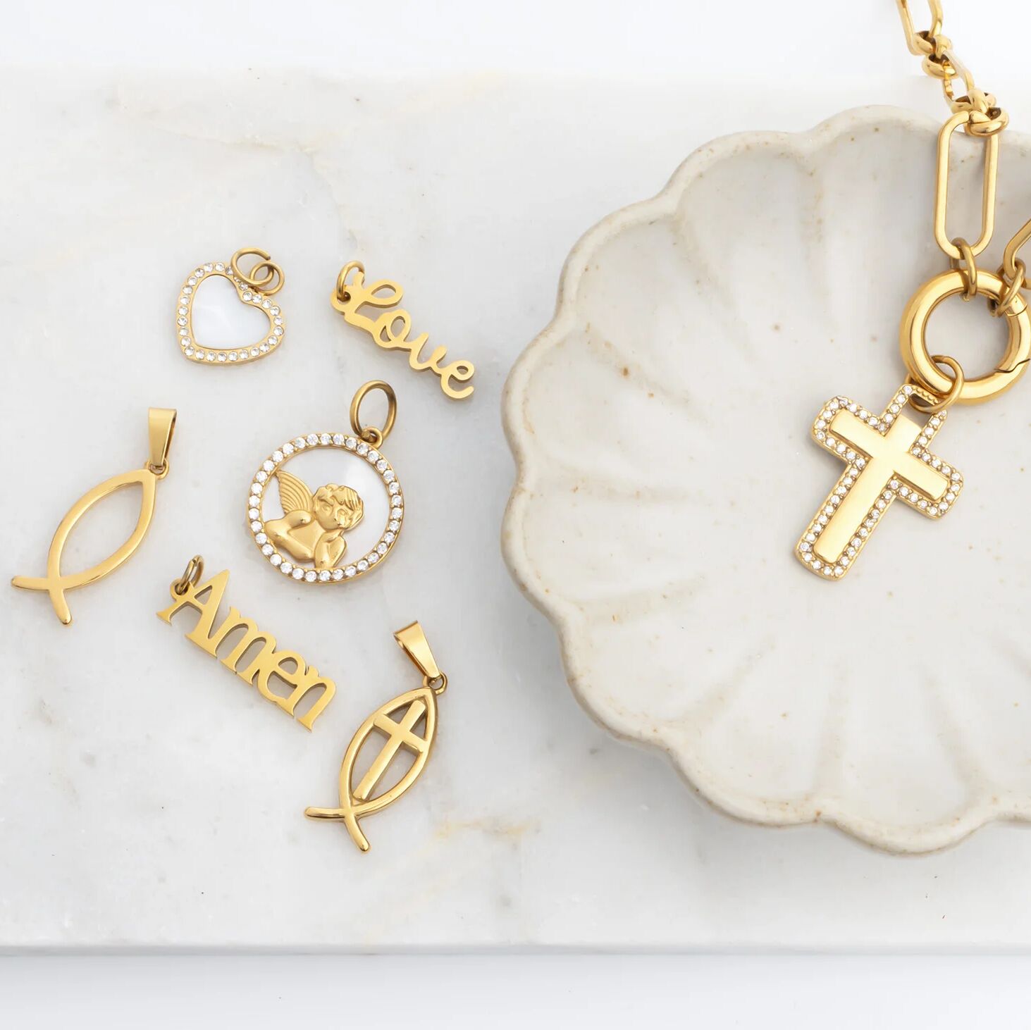 18K Gold PVD Stainless Steel Cross Charm with CZ Stone Boarder